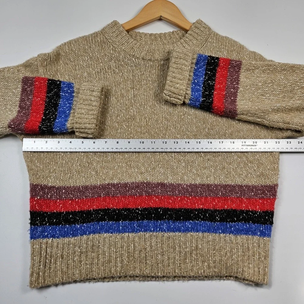 Treasure & Bond Small Striped Marled Knit Crewneck Sweater Tan‎ Red Blue Cozy